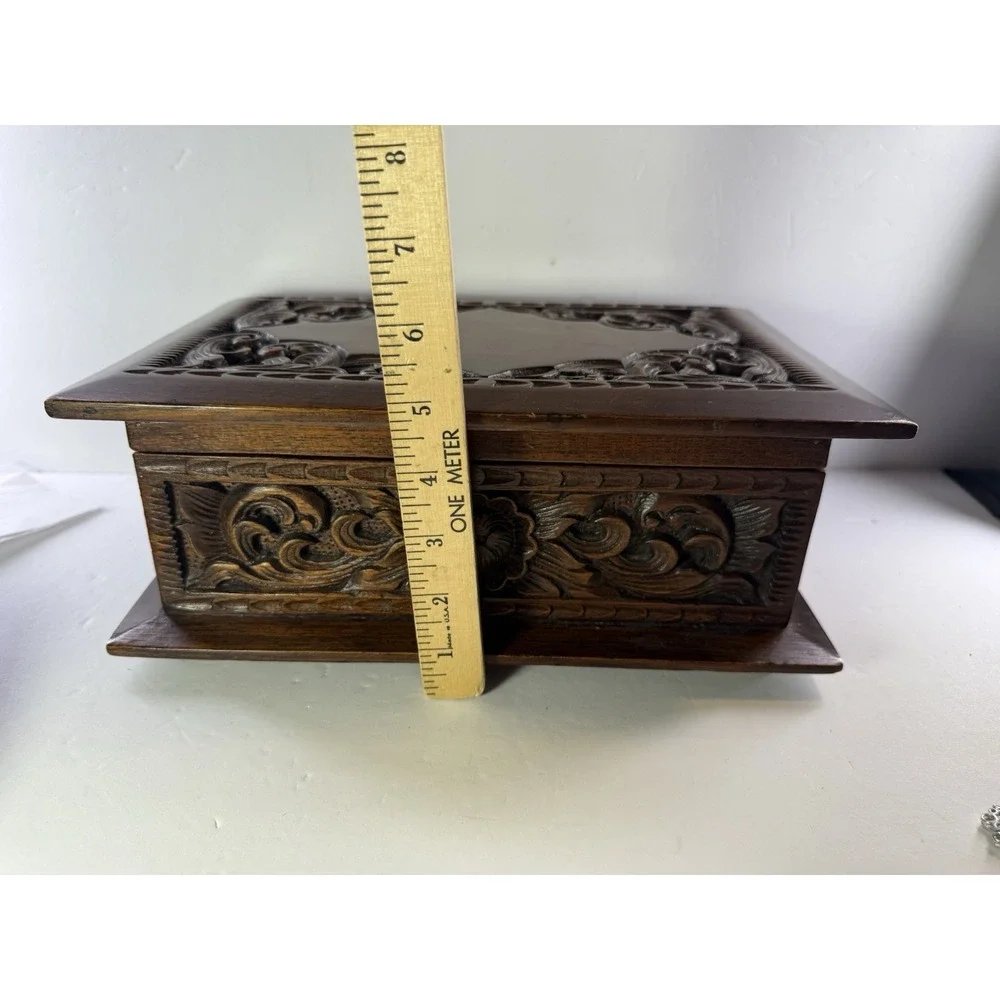 Vintage 1970s Thai Hand Carved Teak Jewelry Box Velvet Lining Tony M. Chiangmai